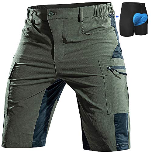 Cycorld Mountain-Bike-Shorts-Mens-Padded MTB Biking Baggy Cycling Short Removable Padding Liner with Zip Pockets Green