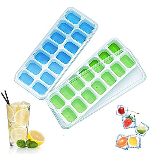 Soffiya Ice Cube Trays with Lids Reusable, 2 Pack Easy-Release Silicone Square & Round Molds, BPA Free, Stackable for Whiskey, Cocktails & Bourbon