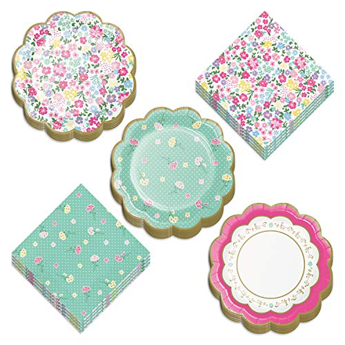 Tea Party Supplies - Floral Scalloped Paper Dessert Plates and Luncheon Napkins for Girls Birthday Party or Bridal Shower (Serves 16)