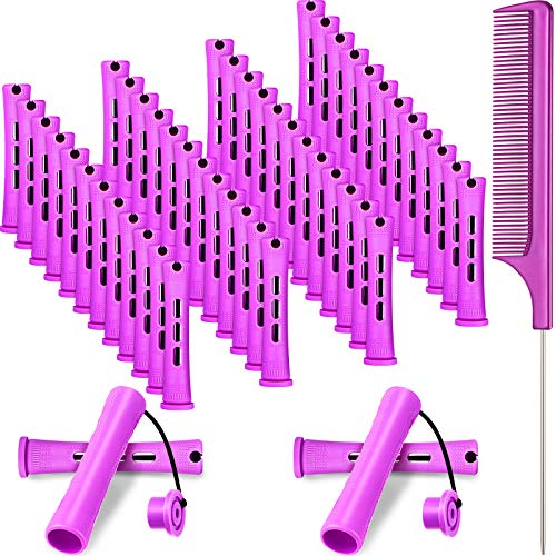 48 Pieces Hair Perm Rods Short Cold Wave Rods Plastic Perming Rods Hair Curling Rollers Curlers with Steel Pintail Comb Rat Tail Comb for Hairdressing Styling Supplies (0.75 Inch, Purple)