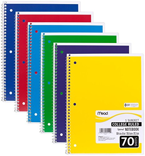 Mead Spiral Notebooks, 1 Subject, College Ruled Paper, 70 Sheets, Colored Note Books, Lined Paper, Home School Supplies for College Students & K-12, 10 1/2' x 8”, Assorted Colors, 6 Pack (73065)