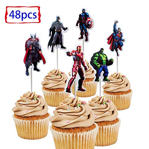 48pcs The Avengers and Superman Cupcake Toppers for Birthday Party Cake Decoration Supplies