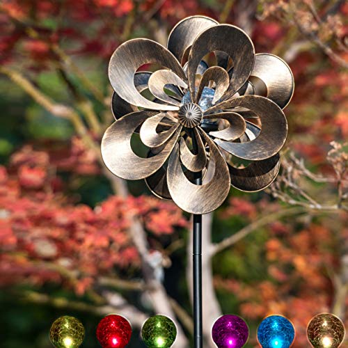 SteadyDoggie Solar Wind Spinner Magnolia Multi-Color Seasonal LED Lighting Solar Powered Glass Ball with Kinetic Wind Spinner Dual Direction for Patio Lawn & Garden