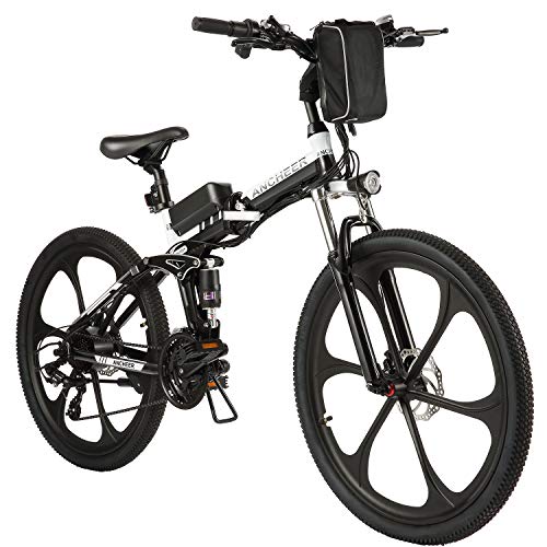 ANCHEER Electric Bike Folding Electric Mountain Bike with 26' Magnesium Alloy 6 Spokes Integrated Wheel, Premium Full Suspension and 21 Speed Gears