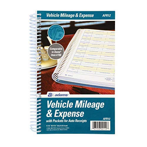 Adams ABFAFR12 Vehicle Mileage and Expense Journal, 5-1/4' x 8-1/2', Fits the Glove Box, Spiral Bound, 588 Mileage Entries, 6 Receipt Pockets,White