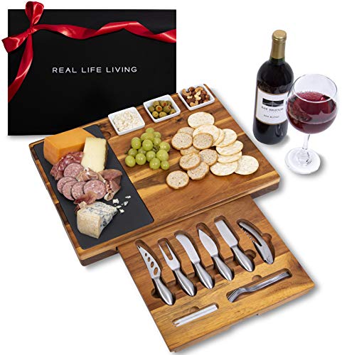 Extra Large Charcuterie Board Set w/ Gift Box - 19-Piece Cheese Board and Knife Set - Wedding & Holiday Gift Platter or House Warming Present - Acacia Wood & Slate Serving Tray for Meat, Wine & Cheese