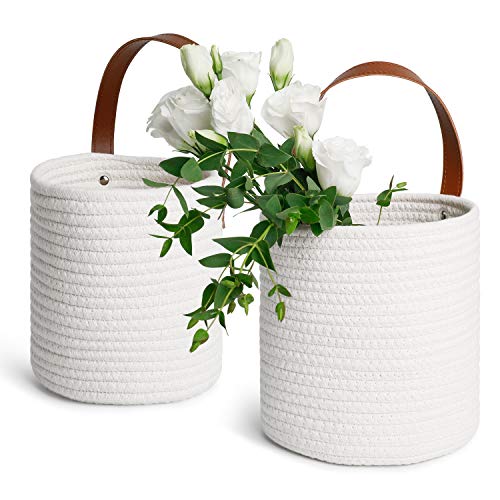 POTEY 720201 2pack Cotton Rope Woven Hanging Basket - Woven Fern Hanging Basket Flower Plants, White(Medium+Large, Plant NOT Included)