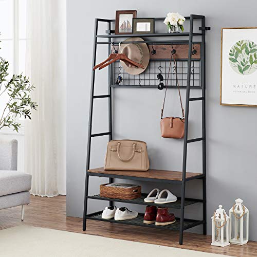 O&K FURNITURE 5-In-1 Hall Tree with Storage Bench, Entryway Storage Organizer, 3-Tier Coat Rack Shoe Bench with 11 Hooks and Hanging Rod, Brown Finish