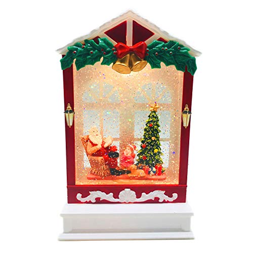 Lightahead Musical Light up Swirling Glitter House with Santa Reading Story to Children Inside Figurine, Warm White LED Light and 8 Melodies