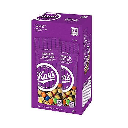Kar's Nuts Sweet 'N Salty Trail Mix Snacks - High Protein Blend of Peanuts, Sunflower Kernels, Raisins & Chocolate Gems - Bulk Pack of 2 oz Individual Single Serve Bags (Pack of 24)