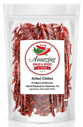 Chile De Arbol 5oz - Dried Whole Red Chili Peppers, Premium All Natural Stemless, Resealable Bag. Use in Mexican, Chinese and Thai Dishes. Spicy Hot Heat Full of Flavor. By Amazing Chiles and Spices.