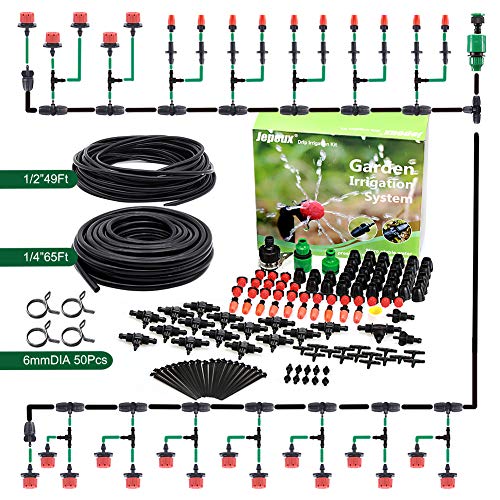 Jepeux Drip Irrigation Kit, with Stainless Steel Clamp and Thick Tube Garden Irrigation Systems.Firmer Connector and More Stable Water Pressure, for Garden, Greenhouse, Lawn, Hanging Baskets