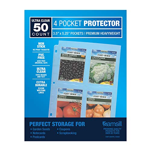 Samsill 50 Pack 4 Pocket Clear Sheet Protectors, Card Protectors for Postcards, Index Cards, Couponing, and Garden Seeds - Each Pocket Measures 3.5' x 5.25', Fits in Standard 3 Ring Binder