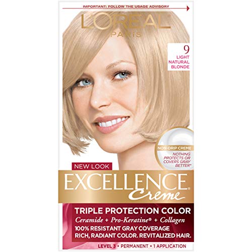 L'Oreal Paris Excellence Creme Permanent Hair Color, 9 Light Natural Blonde, 100% Gray Coverage Hair Dye, Pack of 1