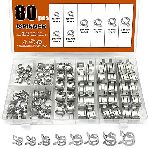 ISPINNER 80pcs Spring Band Type Fuel/Silicone Vacuum Hose Pipe Clamp, 7mm-18mm Low Pressure Air Clip Clamp (7mm 9mm 10mm 11mm 14mm 16mm 17mm 18mm)