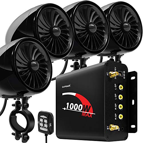 GoHawk TJ4-Q 1000W 4 Channel Amplifier 4' Full Range Waterproof Bluetooth Motorcycle Stereo Speakers Audio System AUX USB SD Radio for 1-1.5' Handlebar Harley Touring Cruiser ATV