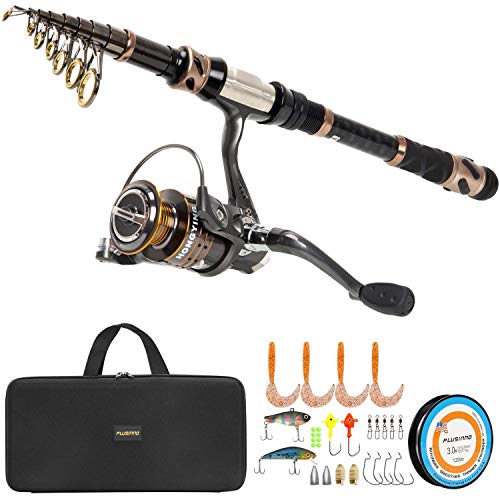 PLUSINNO Fishing Rod and Reel Combos -24 Ton Carbon Fiber Telescopic Fishing Pole - Spinning Reel 12 +1 Shielded Bearings Stainless Steel BB-Free Carrier Bag Case, Travel Saltwater Freshwater Fishing