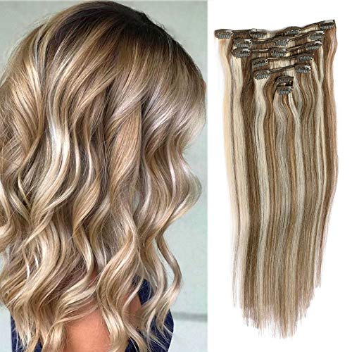 Remy Clip in Hair Extensions Blonde Balayage 70grams 15' Short Straight Human Hair Extensions Clips in Medium Brown to Bleach Blonde Highlights 7 Pieces(#4/613)