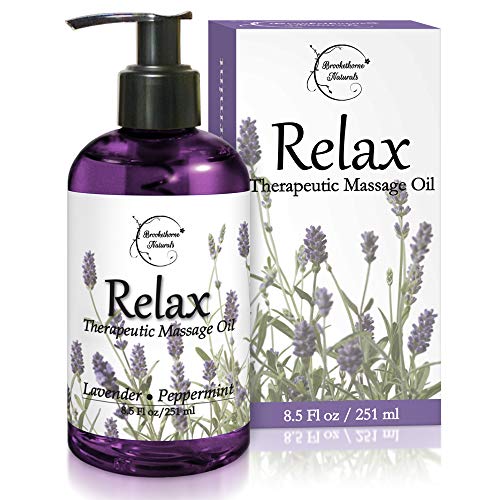 Relax Therapeutic Body Massage Oil - with Best Essential Oils for Sore Muscles & Stiffness – Lavender, Peppermint & Marjoram - All Natural - with Sweet Almond, Grapeseed & Jojoba Oil 8.5oz