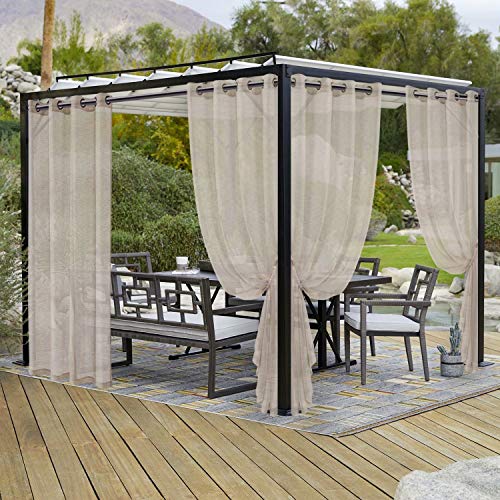 LORDTEX Burlap Linen Look Outdoor Curtains for Patio - 2 Panels Waterproof Sheer Curtains for Pergola, Porch, Cabana and Gazebo Grommet Indoor/Outdoor Voile Sheer Drapes (52 x 84 inch, Linen)