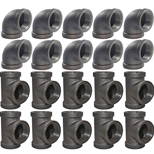 Brooklyn Pipe 3/4 Inch Elbow Tee Combo Pack (10 Elbows, 10 Tees) Threaded Pipe, 90 Degree Pipe Elbow Tee Decorative Iron Piping, Metal Cast Pipe Fittings For DIY Furniture Projects