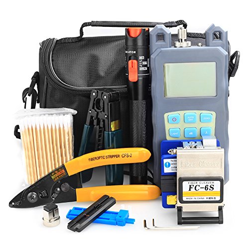 FTTH Fiber Cold Connection Tool Kit 19 in 1 with FC-6S 10KM Fiber Cleaver Visual Fault Locator Optical Power Meter Cable Tester Stripping Tool Cotton Swab