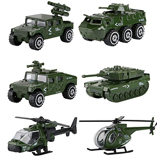 Hautton Diecast Military Toy Vehicles, 6 Pack Alloy Metal Army Toys Model Cars Playset Tank, Panzer, Attack Helicopter, Anti-air Vehicle, Scout Helicopter for Kids Boys Toddlers