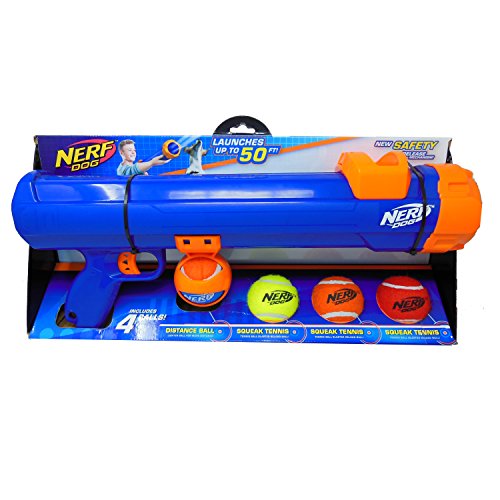 Nerf Dog Large Size Tennis Ball Blaster Gift Set with 4 Balls, Great for Fetch, Hands-Free Reload, Launches up to 50 ft, Single Unit, Includes 4 Nerf Balls