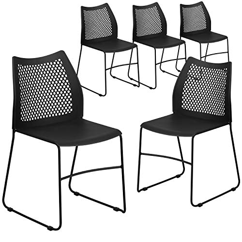 Flash Furniture 5 Pack HERCULES Series 661 lb. Capacity Black Stack Chair with Air-Vent Back and Black Powder Coated Sled Base
