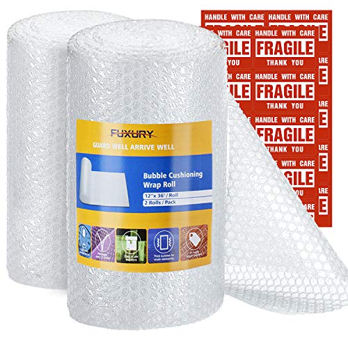 Fuxury Bubble Cushioning Wrap Roll Air Bubble Roll 2 Rolls 72 Feet Total,Perforated Every 12',Included 20 Fragile Sticker Labels for Packaging Moving Shipping Boxes Supplies