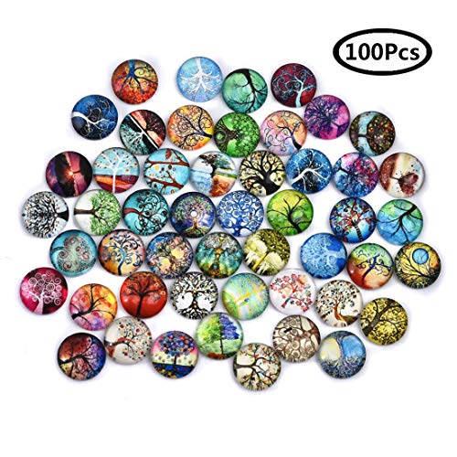 DROLE 100Pcs 12mm Tree of Life Glass Dome Cabochons Printed Half Round Gems for Jewelry Making Handcrafts DIY Findings 12mm Cabochon