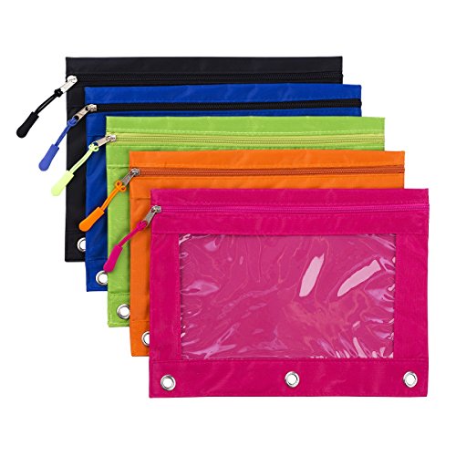 Binder Pencil Pouch with Zipper Pulls, Pencil Case with Rivet Enforced 3 Ring, 5 Pack