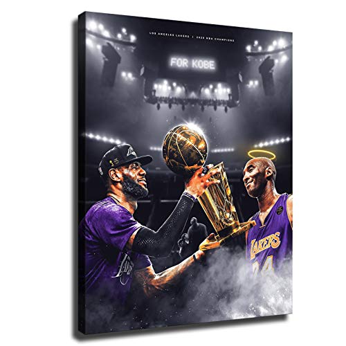 Lebron James Lakes Champions for Kobe Bryant Basketball Poster Painting Canvas Decor Prints Bedroom Large Wall Art Picture (12x14inch,Wooden Framed)