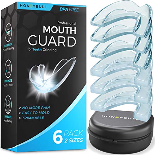 HONEYBULL Mouth Guard for Grinding Teeth [6 Pack - 2 Sizes] for Clenching at Night, Whitening & Sports
