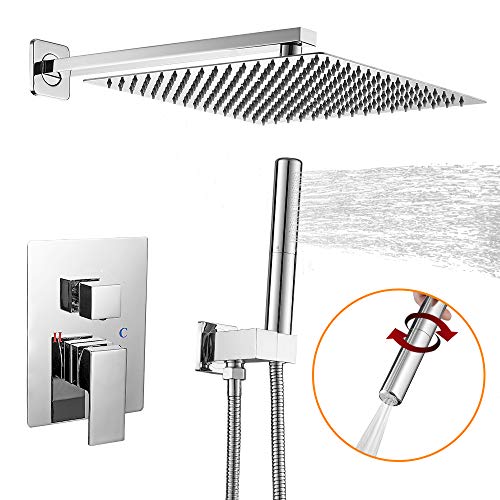 BESy Shower System with 12 Inch Rain Shower Head and Handheld Wall Mounted, High Pressure Rainfall Shower Faucet Fixture Combo Set with 2 in 1 Handheld Showerhead for Bathroom, Polished Chrome