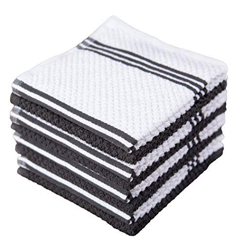Sticky Toffee Cotton Terry Kitchen Dishcloth, 8 Pack, 12 in x 12 in, Gray Stripe