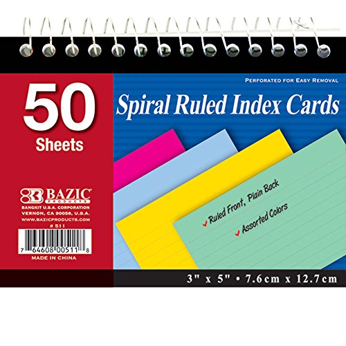 BAZIC 50 Ct. Spiral Bound 3' X 5' Ruled Colored Index Card, Case of 36