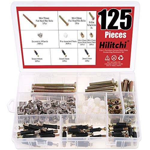 Hilitchi 125 Pcs 3 in 1 Cam Fitting with Dowel and Pre-Inserted Nut with Zinc Plated Hex Drive Socket Cap Furniture Barrel Nuts Crib Screws Assortment Kit Furniture Connecting Hardware Connectors