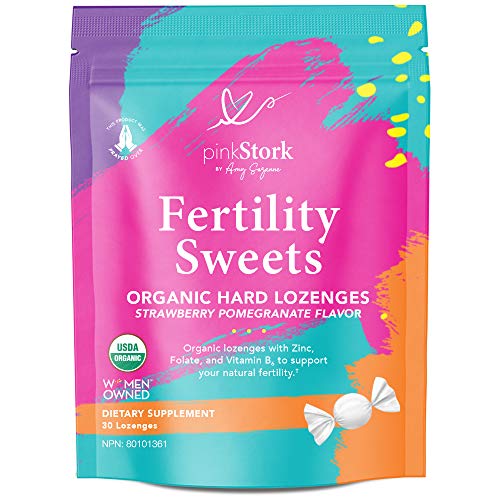Pink Stork Fertility Sweets: Strawberry Pomegranate Fertility Supplements for Women + Prenatal Vitamins, 100% Organic, Folate, B6 + Zinc Drop, Women-Owned, 30 Hard Lozenges