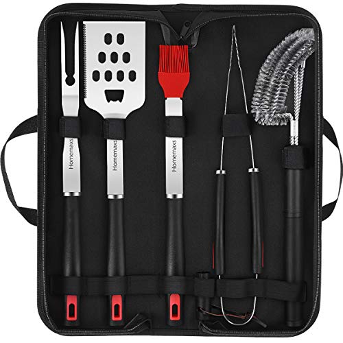 Homemaxs Grill Tools, BBQ Tools Set 5pcs with Case for Men, Stainless Steel Heavy Duty Barbecue Grilling Accessories Utensils Kit with Tong, Grill Cleaning Brush, Spatula, Fork, Basting Brush