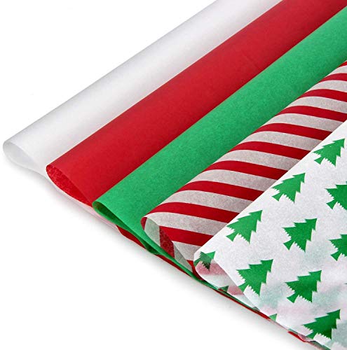 Blisstime Christmas Tissue Paper Gift Wrapping Paper, 120 Sheets, 13.8” X 19.7”, White, Red, Green, Red Stripe, Christmas Trees Design