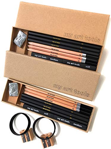 Sketch Pencils Set for drawing by my art tools,10 Pieces EACH kit-Perfect for any aspiring artist-Include Graphite and Charcoal pencils, Compressed Sticks and Sharpener, in 2 non plastic boxes