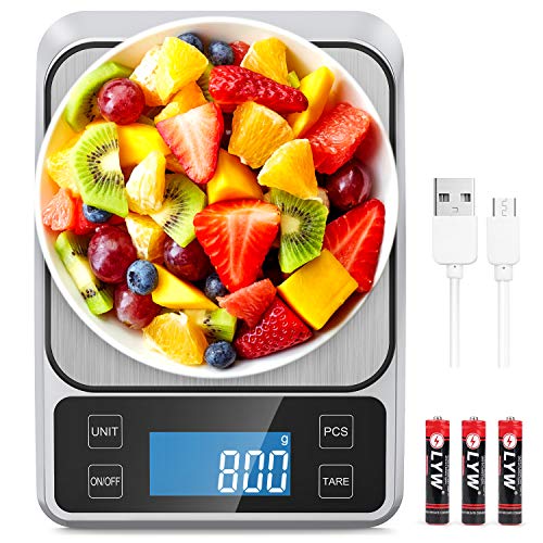 Allkeys USB Rechargeable Food Scale,Digital Kitchen Scale Weight Grams and Oz for Cooking and Baking, 0.1g/0.035oz Precise Graduation, 9'x6.3'Stainless Steel Surface, Large Back-lit LCD Display