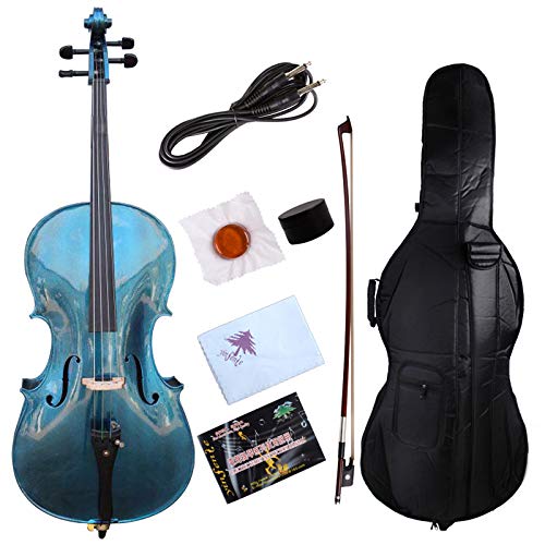 Yinfente Electric Acoustic Cello 4/4 Solid Maple Spruce wood Ebony Fittings Sweet Sound With Cello Bag Bow (Blue)