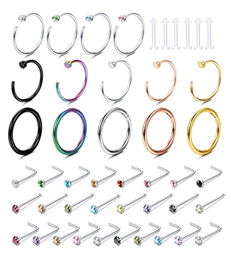 FIBO STEEL 46 Pcs 20-18G Stainless Steel Hoop Nose Rings Stud l-Shape Nose Piercing Jewelry Lip Septum Ring Colored CZ Inlaid