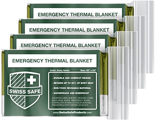 Swiss Safe Emergency Mylar Thermal Blankets (4-Pack) + Bonus Signature Gold Foil Space Blanket: Designed for NASA, Outdoors, Hiking, Survival, Marathons or First Aid