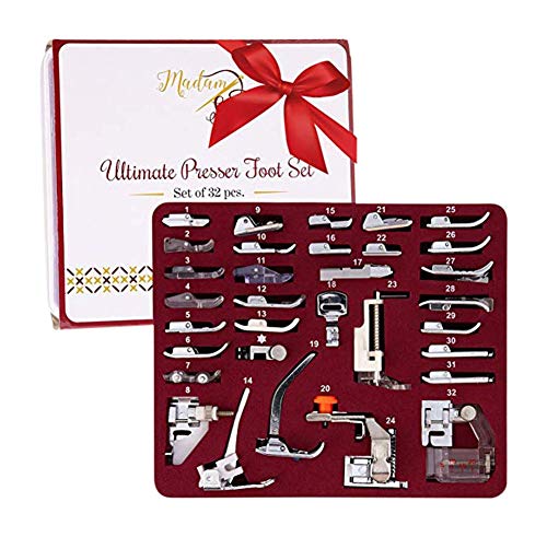 Madam Sew Presser Foot Set 32 PCS - The ONLY Sewing Machine Presser Foot Kit with Manual, DVD and Deluxe Storage Case with Numbered Slots for Easy and Neat Organization