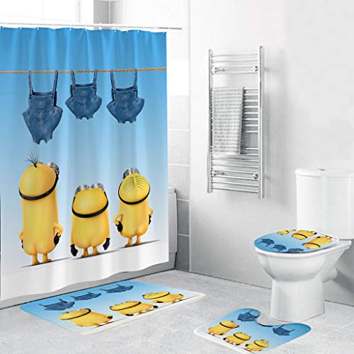 Beyonds Bathroom Mat Sets 4 Piece, Cute Yellow Shower Curtain Carpet Doormats Decor and Rugs Bath Mat for tub Kids Floor, Non-Slip Cute Shower Curtain Bathroom Mat