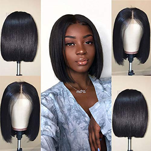 Jaja Hair Short Straight Bob Wigs Human Hair 13x4 Lace Front Wigs for Black Women 130% Density Pre Plucked with Baby Hair Natural Black Color 14 Inch