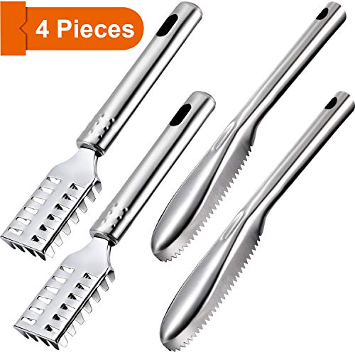 4 Pieces Fish Scaler Remover Fish Scaler Brush Set Stainless Steel Sawtooth Scarper Remover with Ergonomic Handle for Kitchen Tool Faster and Easier Fish Scales Skin Removing Peeling